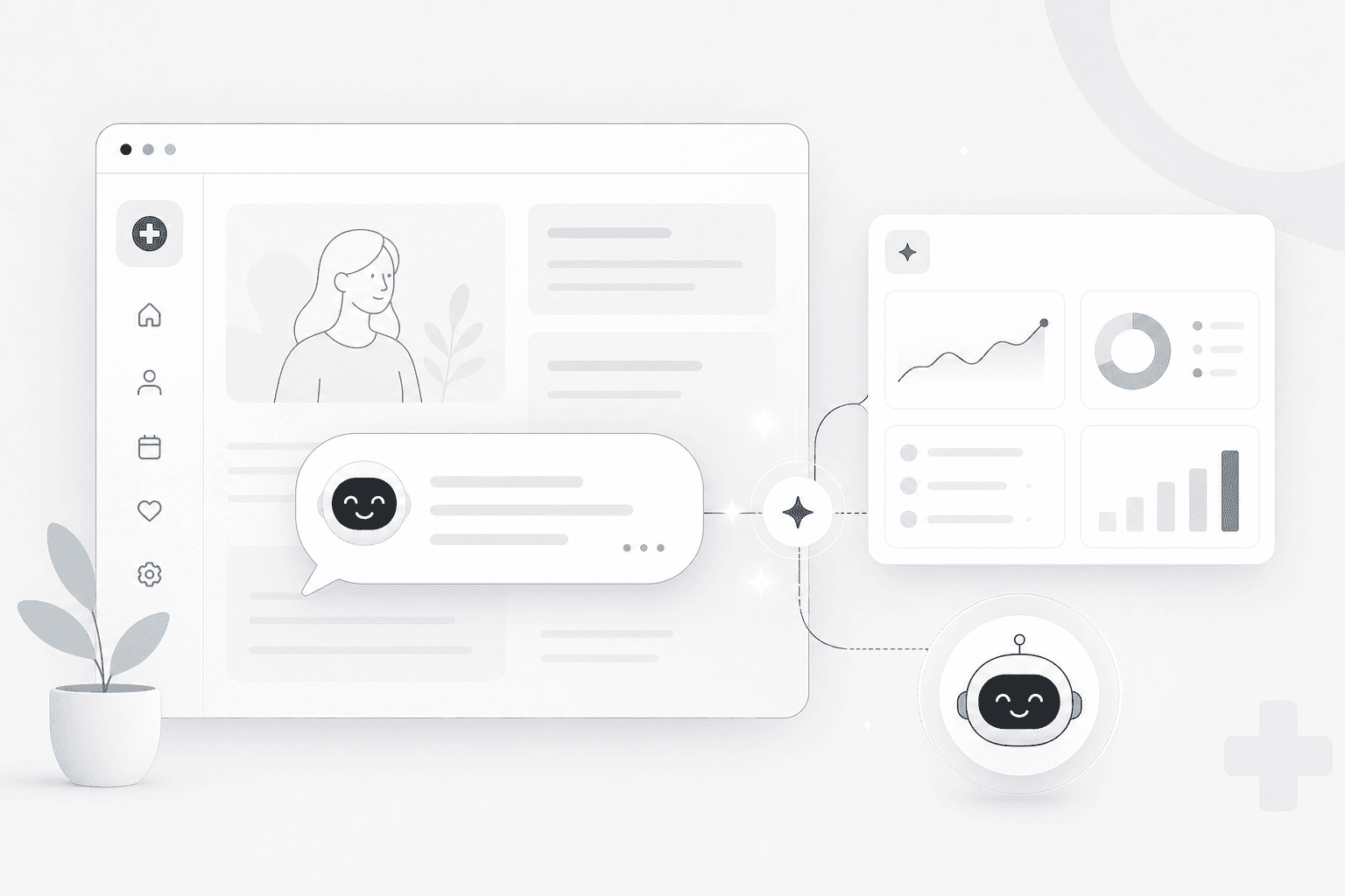 AI chatbot and copilot tools on a clinic website illustration